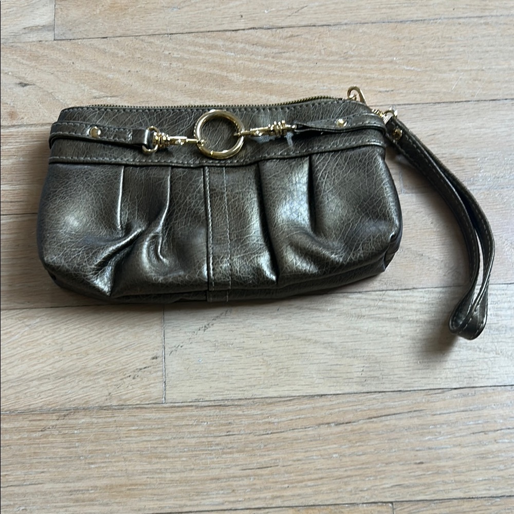 Joan Rivers Brown Leather Wristlet with Silver Ring